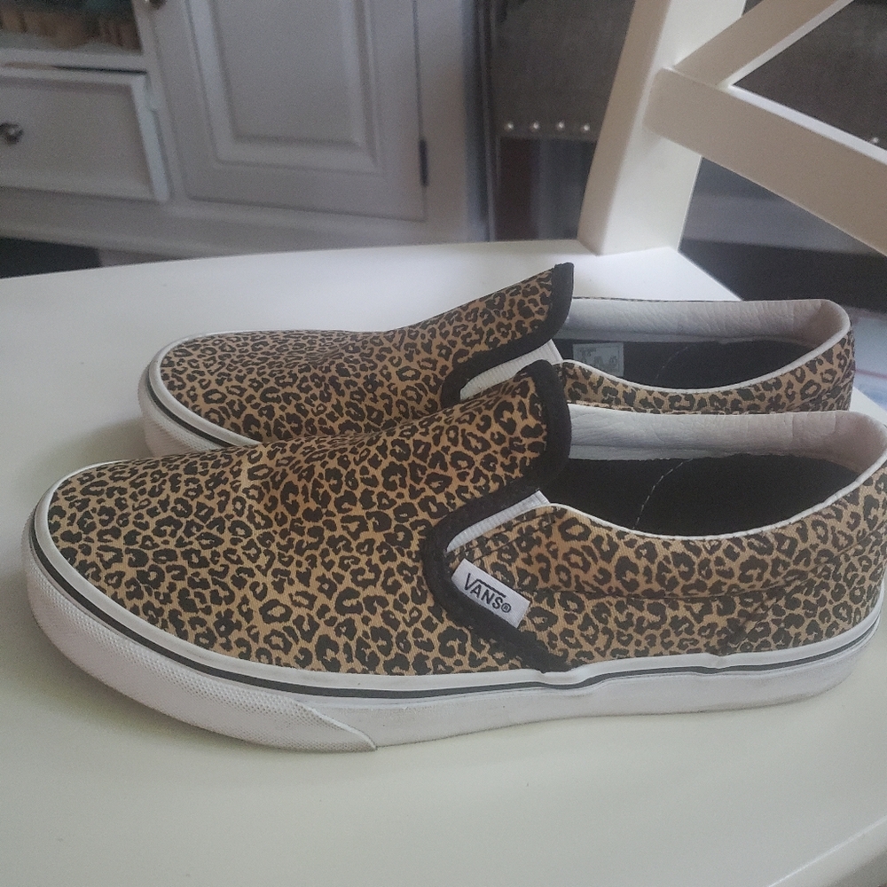 Vans Leopard Print Slip-On Sneakers in Tan and Black